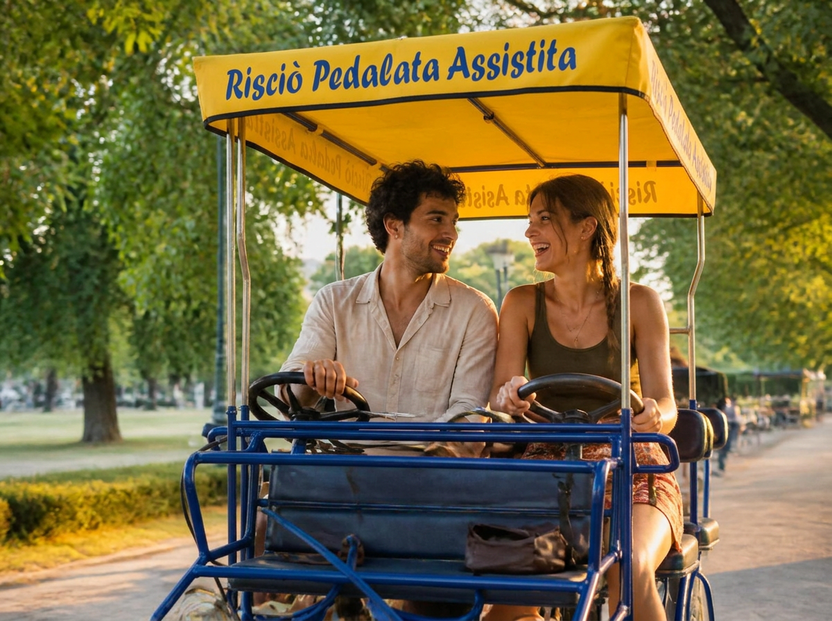 Coppia sorridente su risciò giallo e blu tra gli alberi del Parco del Valentino